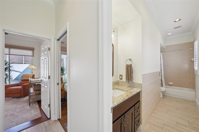 full bath with visible vents, crown molding, ensuite bathroom, vanity, and shower / bathtub combination with curtain