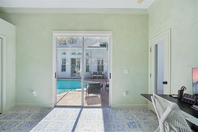 bedroom with tile patterned floors, access to outside, baseboards, and ornamental molding