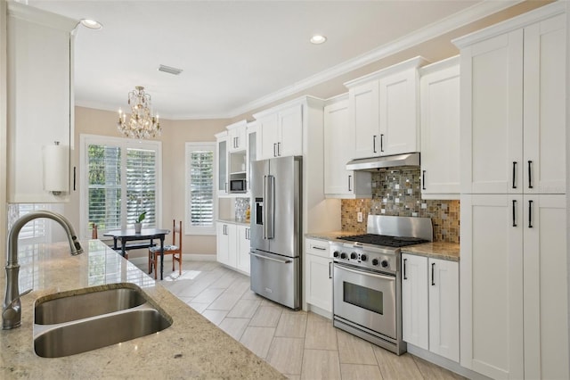 kitchen featuring a sink, decorative backsplash, white cabinets, under cabinet range hood, and high quality appliances