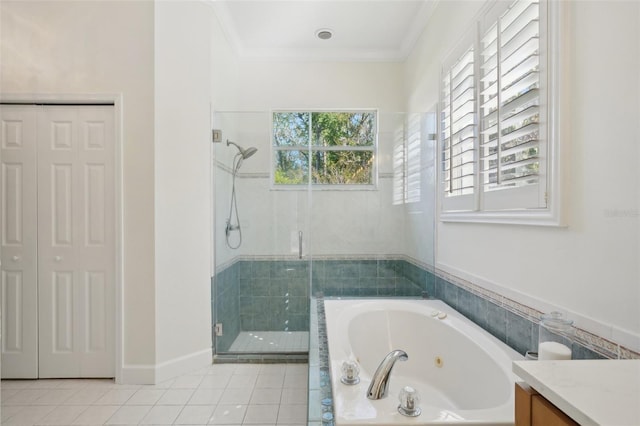 full bath featuring a closet, tile patterned floors, a stall shower, and a jetted tub