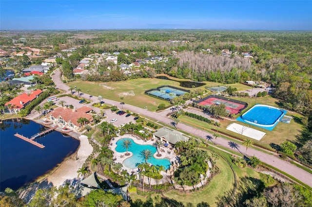 aerial view featuring a water view