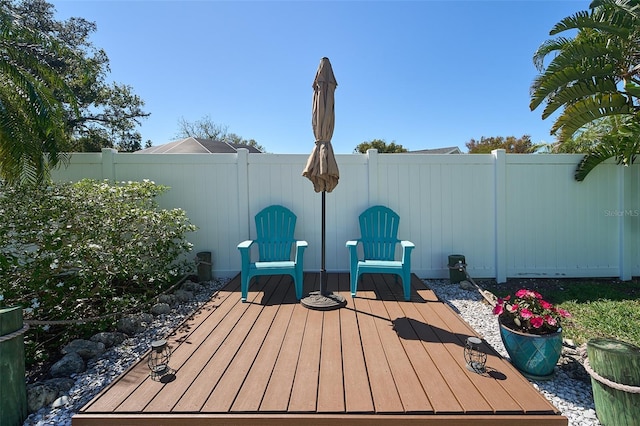 wooden terrace featuring a fenced backyard