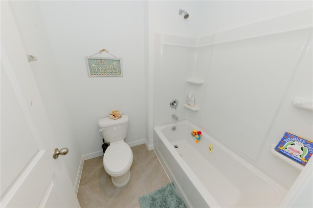 bathroom with shower / bathing tub combination, baseboards, toilet, and tile patterned flooring