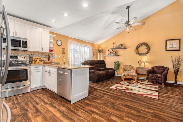 kitchen featuring open floor plan, lofted ceiling, a peninsula, stainless steel appliances, and white cabinetry