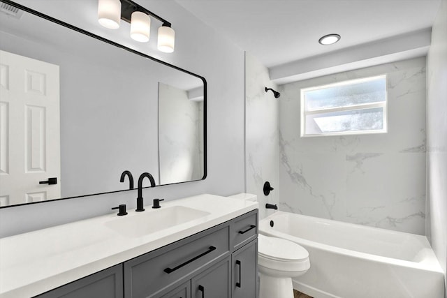 full bathroom featuring vanity, shower / bathing tub combination, toilet, and visible vents