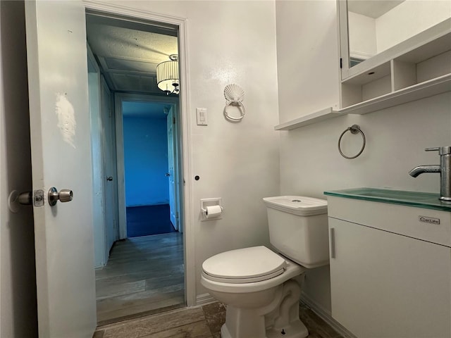 half bath featuring toilet, vanity, and wood finished floors