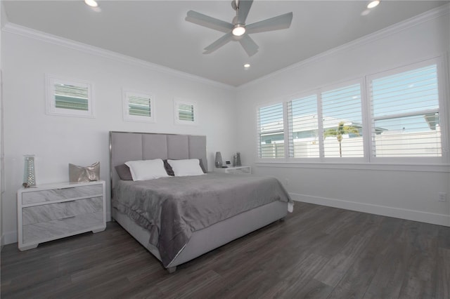 bedroom featuring recessed lighting, baseboards, dark wood-type flooring, and ornamental molding