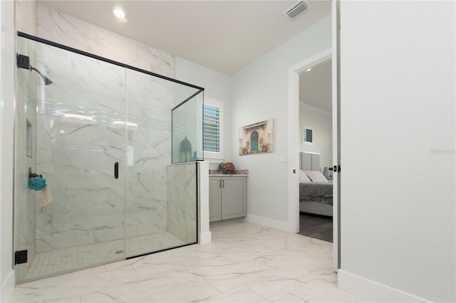 ensuite bathroom with a marble finish shower, visible vents, connected bathroom, baseboards, and marble finish floor