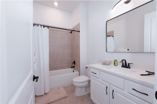 bathroom with tile patterned floors, toilet, vanity, and shower / bathtub combination with curtain