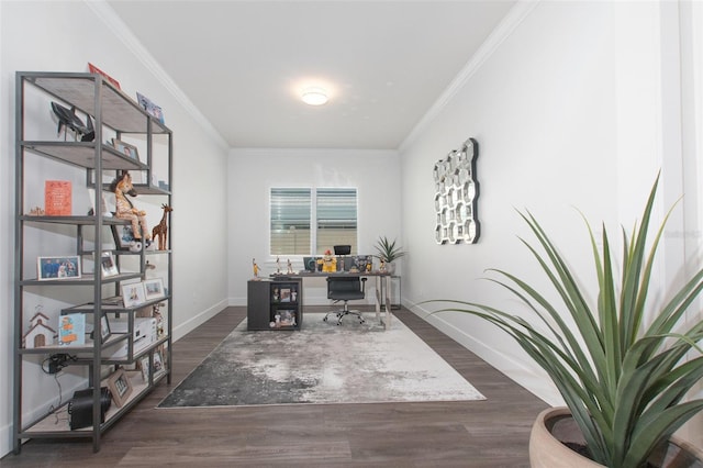 home office with crown molding, baseboards, and wood finished floors