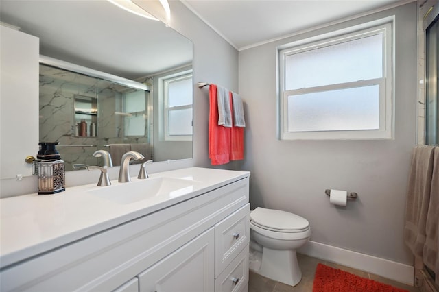 bathroom with vanity, baseboards, a marble finish shower, tile patterned flooring, and toilet