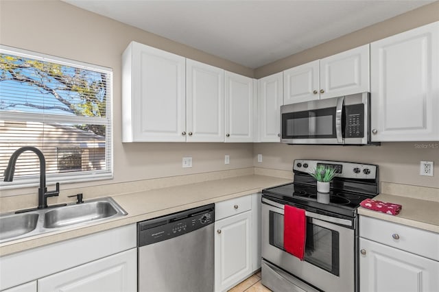 kitchen featuring a sink, white cabinetry, and stainless steel appliances