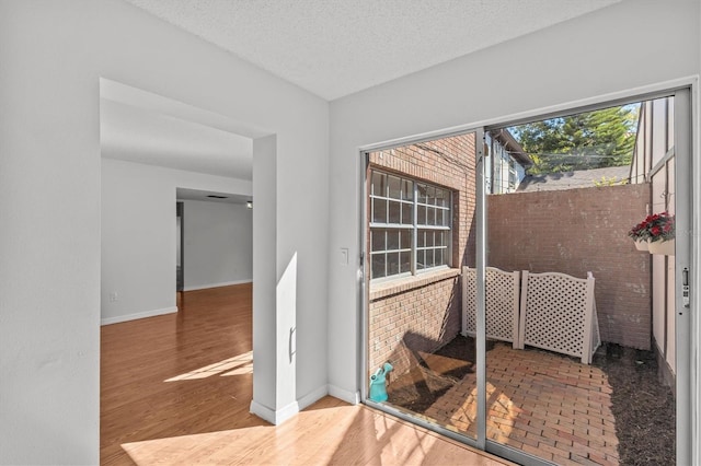 interior space featuring a textured ceiling, baseboards, and wood finished floors