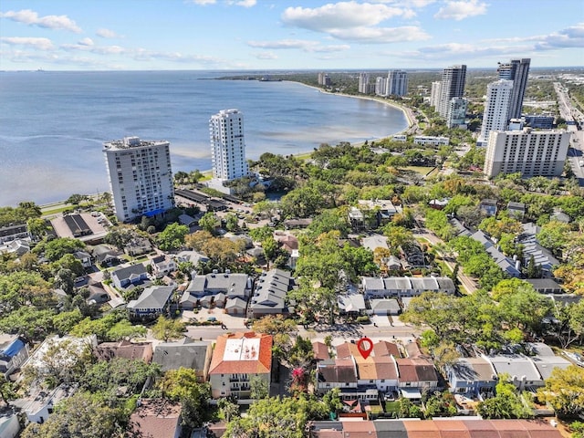 aerial view with a water view and a view of city