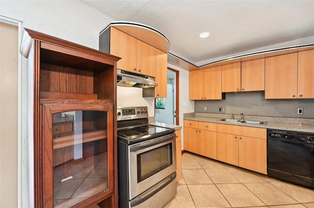 kitchen with stainless steel electric range oven, light tile patterned floors, a sink, under cabinet range hood, and dishwasher