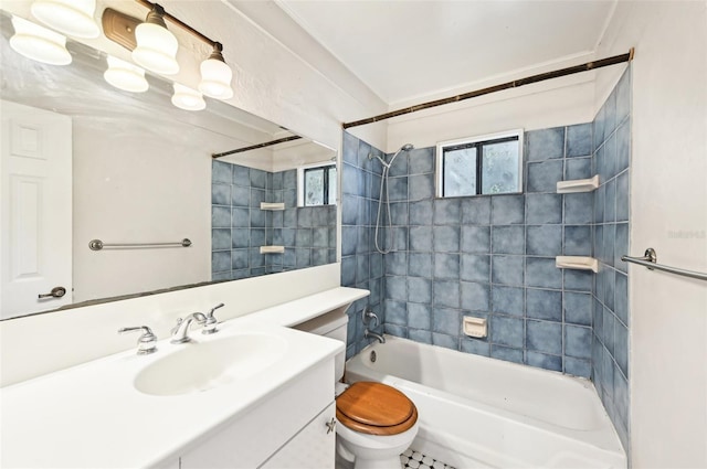 full bathroom with toilet, vanity, and bathtub / shower combination