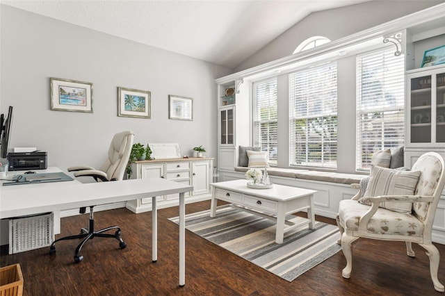 office area featuring dark wood-style floors and lofted ceiling