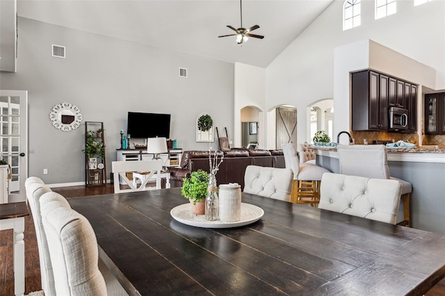 dining room featuring a wealth of natural light, visible vents, high vaulted ceiling, and ceiling fan