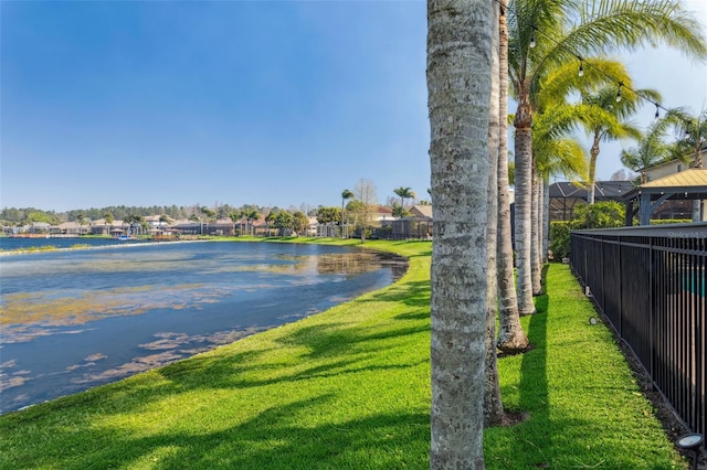 property view of water featuring fence