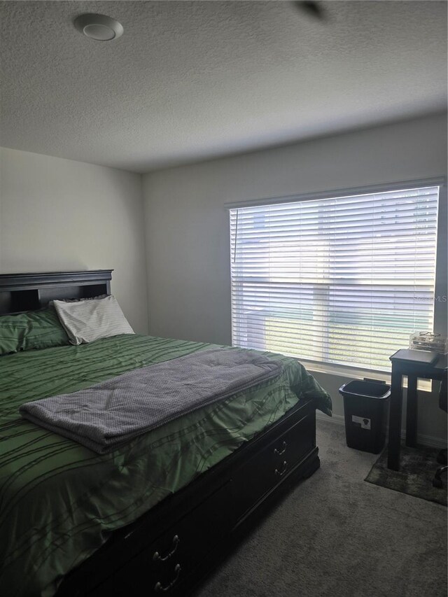 carpeted bedroom with a textured ceiling