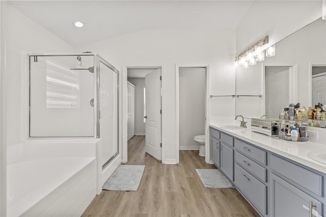 full bathroom featuring toilet, double vanity, a stall shower, wood finished floors, and a sink