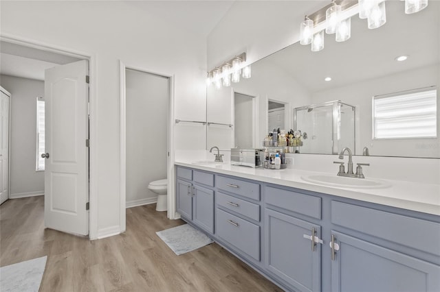 full bath with a shower stall, toilet, wood finished floors, and a sink