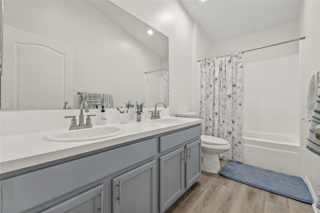 bathroom featuring double vanity, toilet, wood finished floors, and a sink