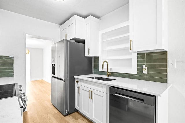 kitchen featuring a sink, open shelves, stainless steel appliances, white cabinets, and decorative backsplash