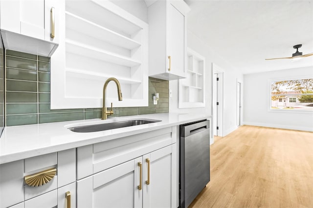 kitchen featuring dishwasher, open shelves, white cabinets, and a sink