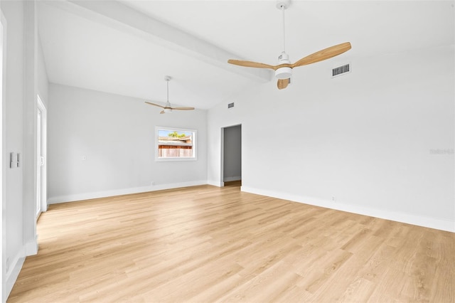 empty room with visible vents, baseboards, light wood-style floors, and a ceiling fan