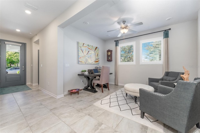 interior space with recessed lighting, visible vents, baseboards, and a ceiling fan