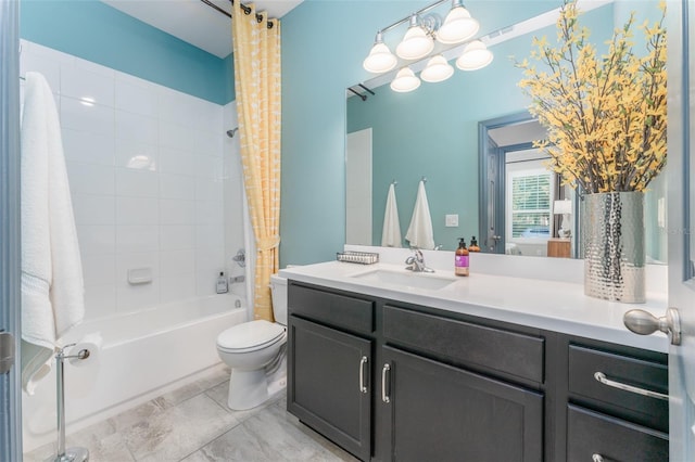 bathroom featuring toilet, vanity, and shower / tub combo