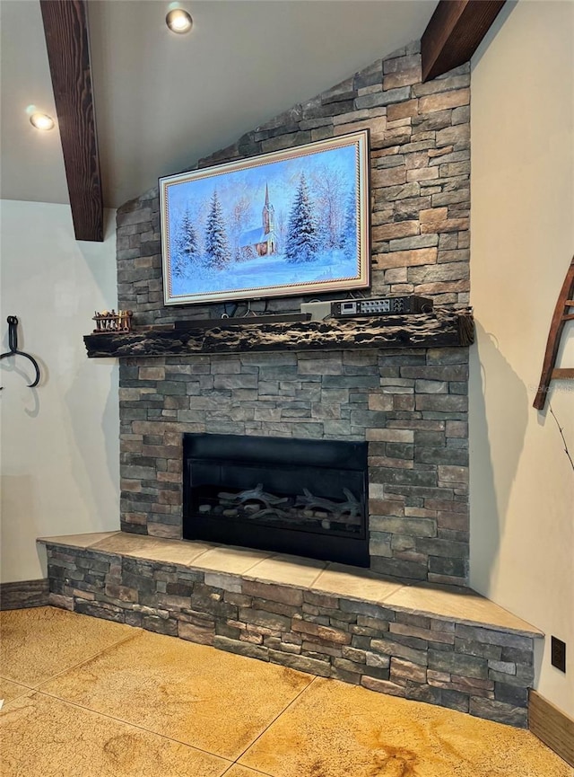 interior details with beamed ceiling, recessed lighting, and a fireplace