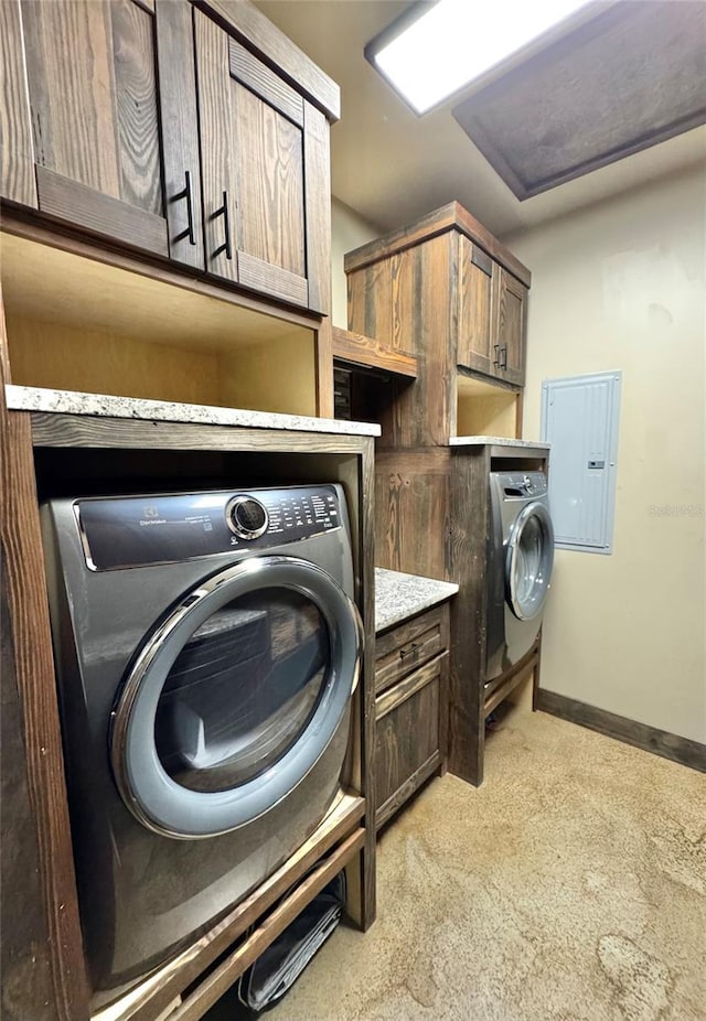 laundry room with electric panel, cabinet space, washer / clothes dryer, and baseboards