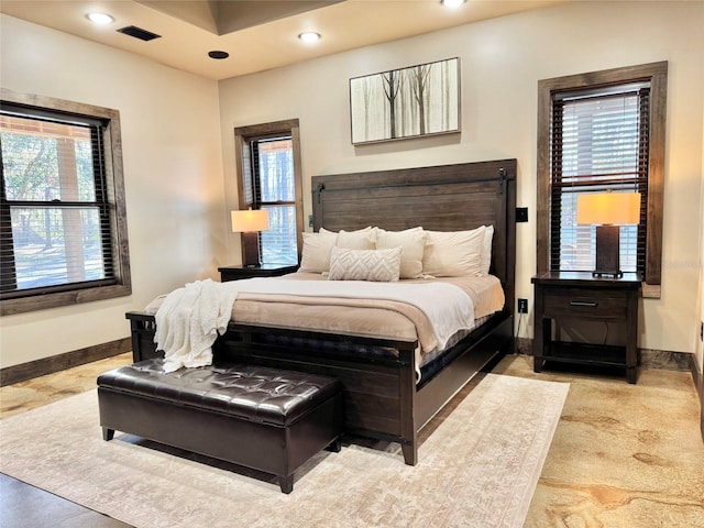 bedroom featuring recessed lighting, visible vents, and baseboards