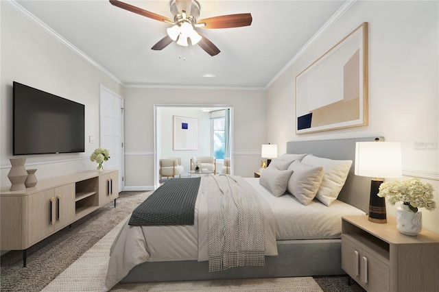 bedroom featuring baseboards, carpet floors, a ceiling fan, and crown molding