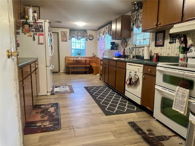 kitchen with light wood-style flooring, under cabinet range hood, a sink, dark countertops, and white appliances