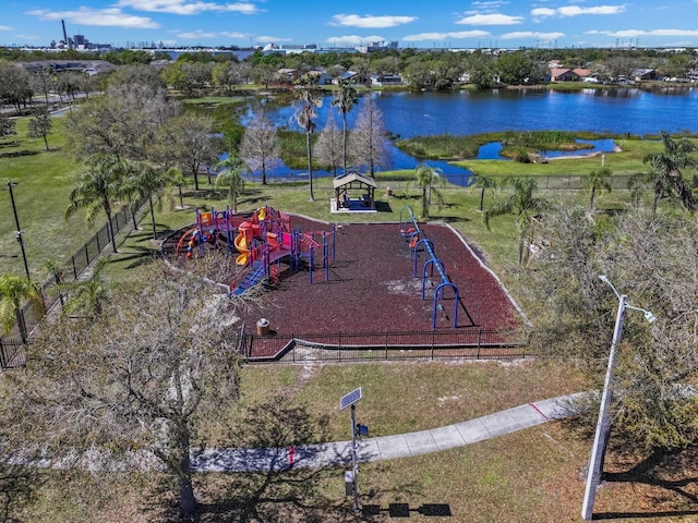 drone / aerial view featuring a water view