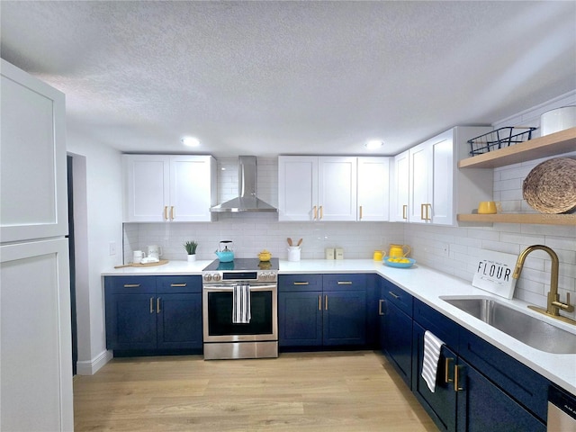 kitchen with a sink, blue cabinetry, light wood-style floors, appliances with stainless steel finishes, and wall chimney exhaust hood