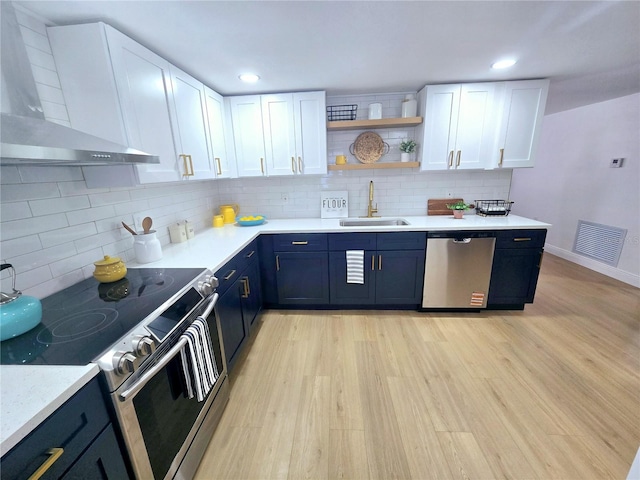 kitchen with visible vents, a sink, white cabinets, appliances with stainless steel finishes, and wall chimney exhaust hood