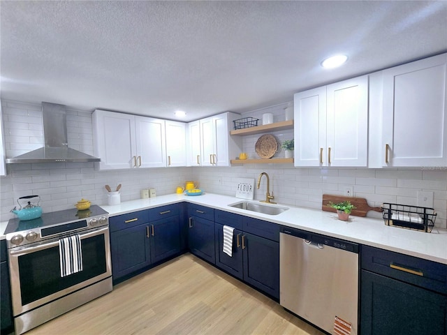 kitchen featuring light wood finished floors, blue cabinetry, a sink, stainless steel appliances, and wall chimney exhaust hood