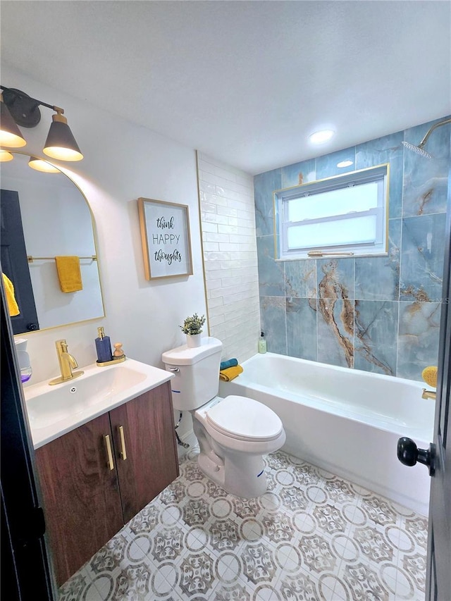 full bath with vanity, tile patterned floors, toilet, and tub / shower combination