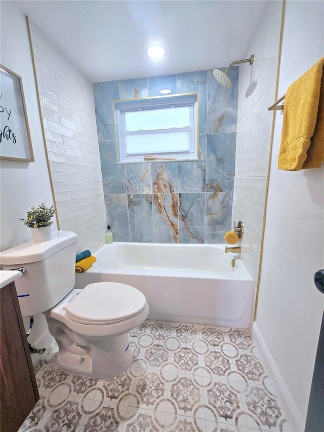 bathroom featuring tile patterned flooring, shower / tub combination, toilet, and vanity