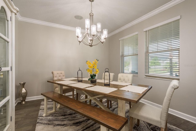 dining room with a notable chandelier, baseboards, dark wood-style flooring, and ornamental molding