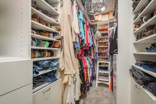 walk in closet with a notable chandelier and carpet