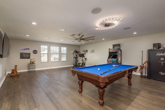 recreation room featuring recessed lighting, wood finished floors, baseboards, and a textured ceiling