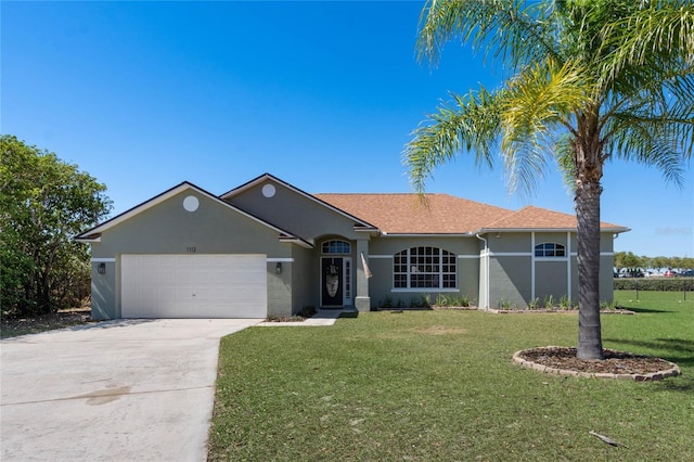 ranch-style home featuring a front lawn, a garage, driveway, and stucco siding