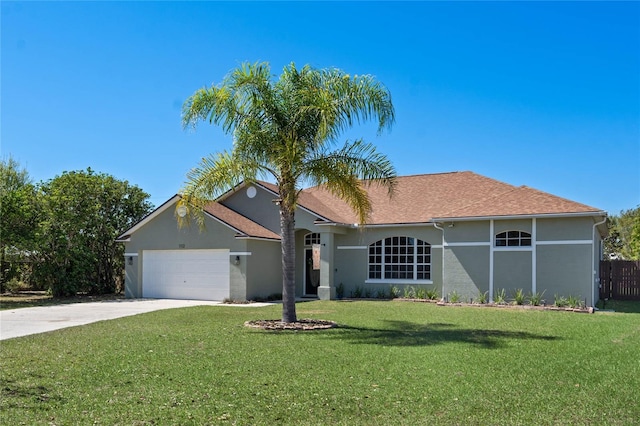 ranch-style house featuring stucco siding, driveway, a front lawn, fence, and an attached garage