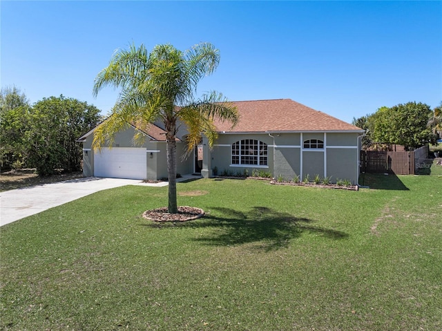 single story home featuring a front yard, fence, stucco siding, concrete driveway, and a garage