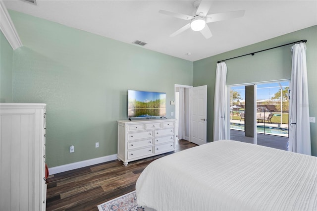 bedroom featuring visible vents, a ceiling fan, access to outside, dark wood-style floors, and baseboards